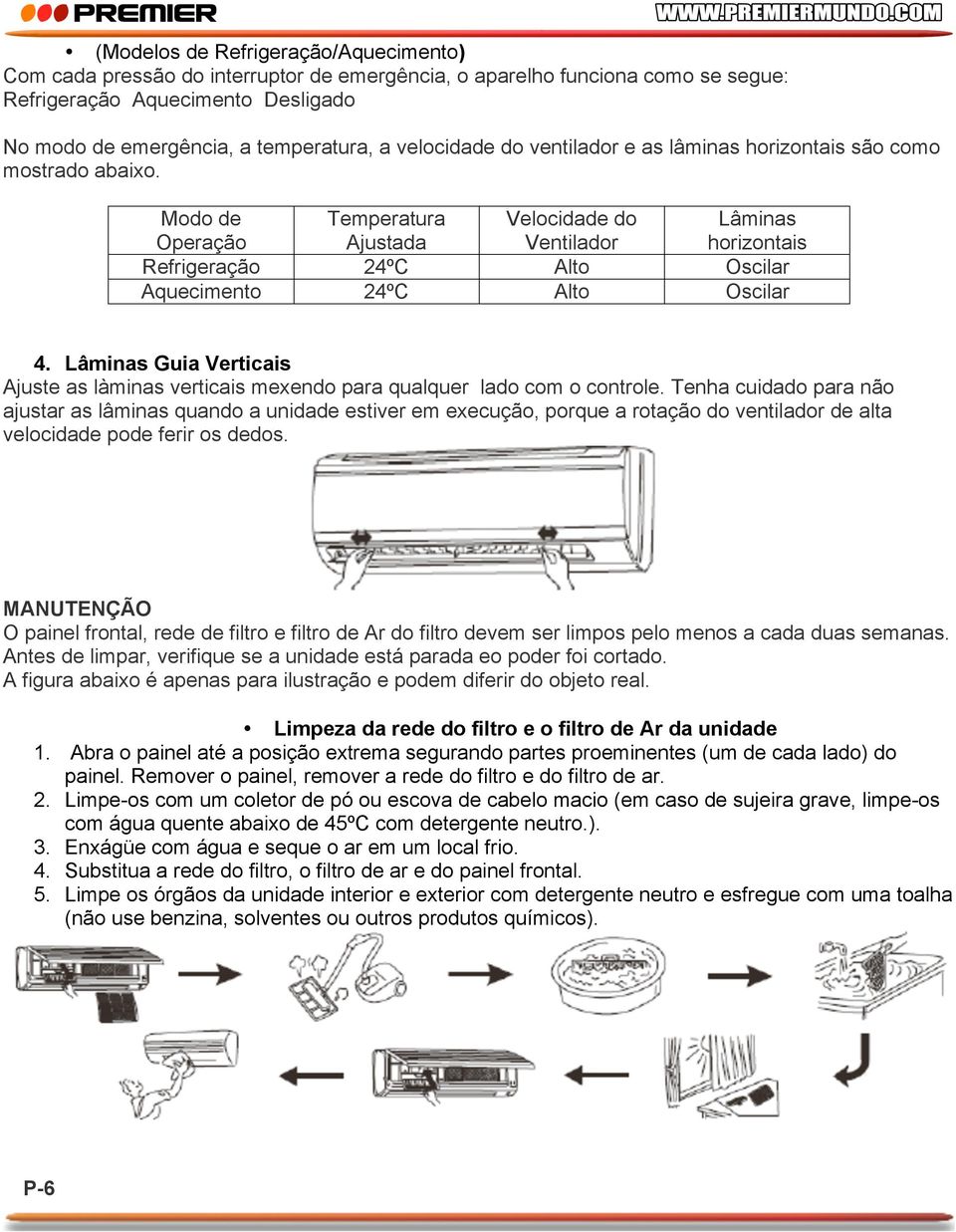 Modo de Operação Temperatura Ajustada Velocidade do Ventilador Lâminas horizontais Refrigeração 24ºC Alto Oscilar Aquecimento 24ºC Alto Oscilar 4.