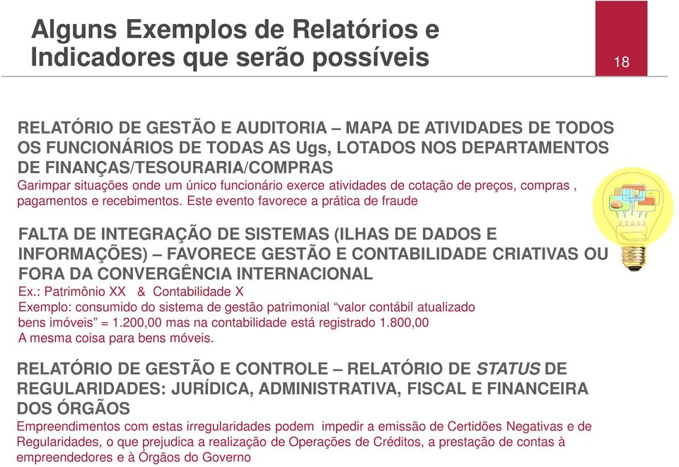 Este evento favorece a prática de fraude FALTA DE INTEGRAÇÃO DE SISTEMAS (ILHAS DE DADOS E INFORMAÇÕES) FAVORECE GESTÃO E CONTABILIDADE CRIATIVAS OU FORA DA CONVERGÊNCIA INTERNACIONAL Ex.