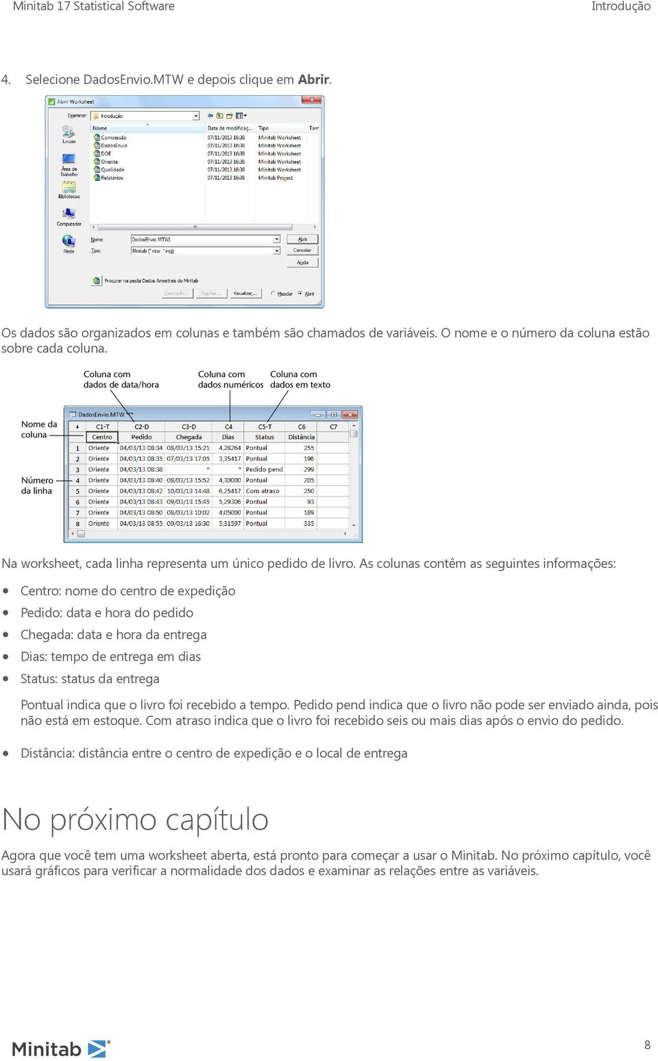 As colunas contêm as seguintes informações: Centro: nome do centro de expedição Pedido: data e hora do pedido Chegada: data e hora da entrega Dias: tempo de entrega em dias Status: status da entrega