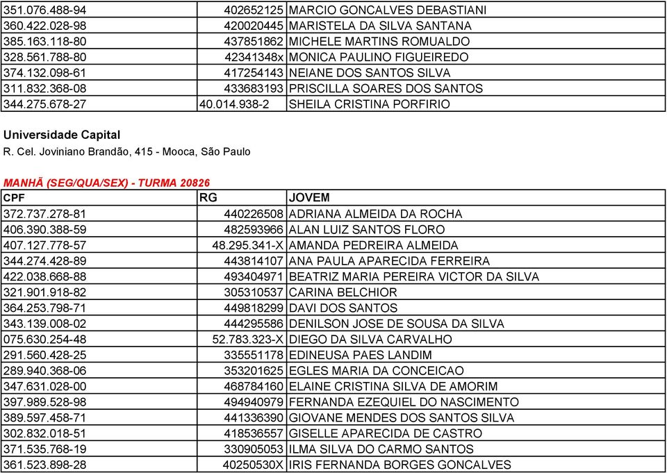 938-2 SHEILA CRISTINA PORFIRIO Universidade Capital R. Cel. Joviniano Brandão, 415 - Mooca, São Paulo MANHÃ (SEG/QUA/SEX) - TURMA 20826 CPF RG JOVEM 372.737.