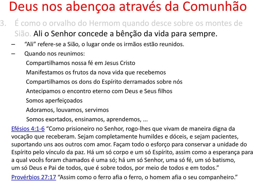 Quando nos reunimos: Compartilhamos nossa fé em Jesus Cristo Manifestamos os frutos da nova vida que recebemos Compartilhamos os dons do Espírito derramados sobre nós Antecipamos o encontro eterno