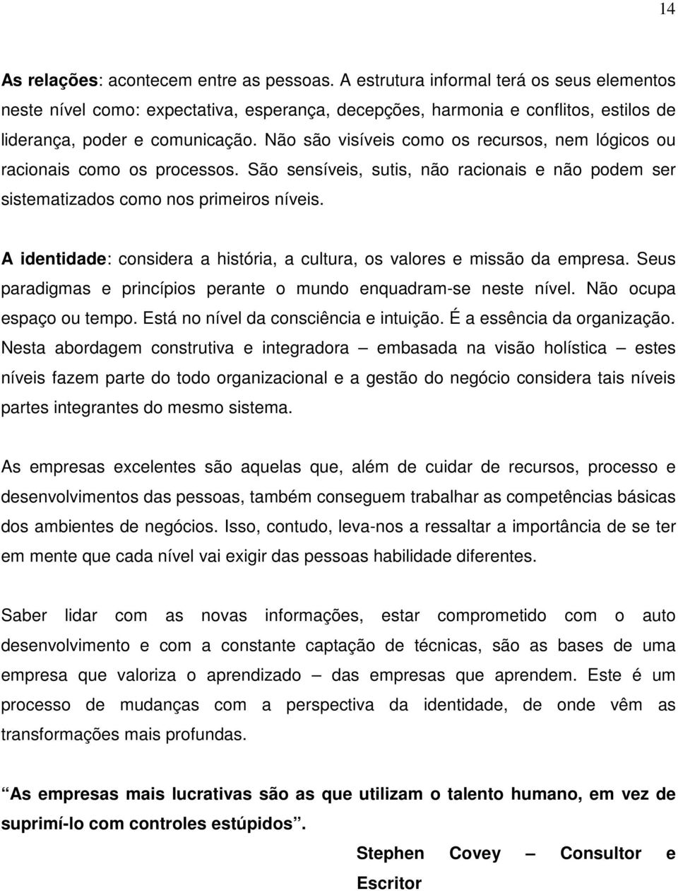 Não são visíveis como os recursos, nem lógicos ou racionais como os processos. São sensíveis, sutis, não racionais e não podem ser sistematizados como nos primeiros níveis.