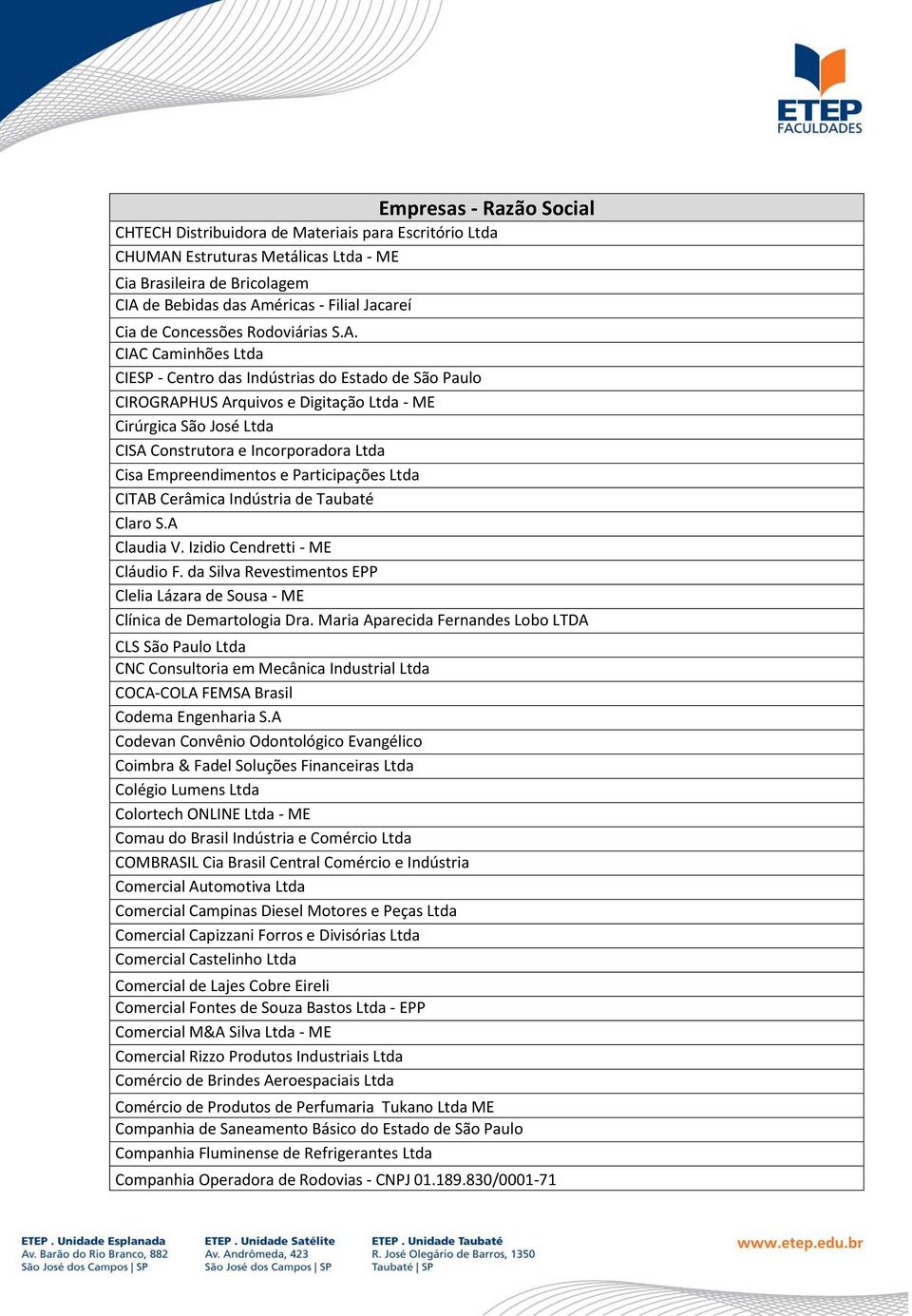 Empreendimentos e Participações Ltda CITAB Cerâmica Indústria de Taubaté Claro S.A Claudia V. Izidio Cendretti - ME Cláudio F.