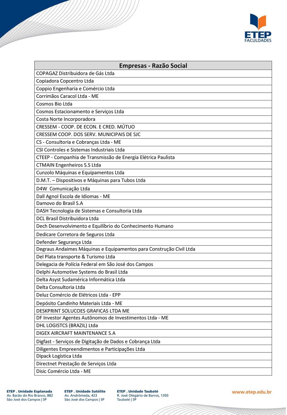 MUNICIPAIS DE SJC CS - Consultoria e Cobranças Ltda - ME CSI Controles e Sistemas Industriais Ltda CTEEP - Companhia de Transmissão de Energia Elétrica Paulista CTMAIN Engenheiros S.