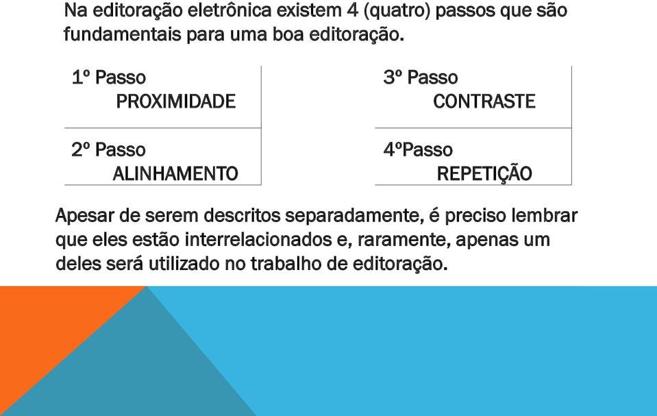 1º Passo PROXIMIDADE 2º Passo ALINHAMENTO 3º Passo CONTRASTE 4ºPasso REPETIÇÃO