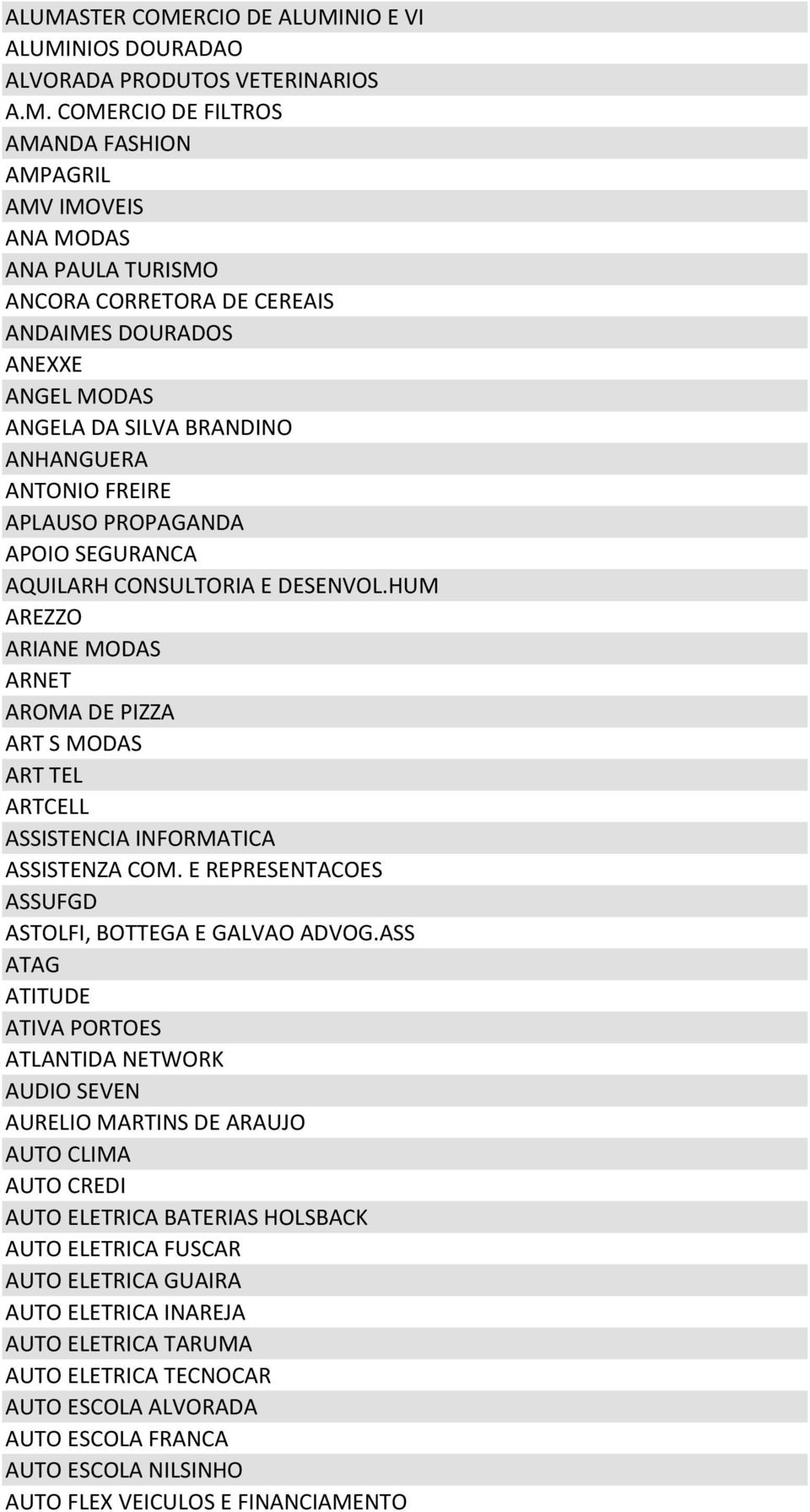 HUM AREZZO ARIANE MODAS ARNET AROMA DE PIZZA ART S MODAS ART TEL ARTCELL ASSISTENCIA INFORMATICA ASSISTENZA COM. E REPRESENTACOES ASSUFGD ASTOLFI, BOTTEGA E GALVAO ADVOG.