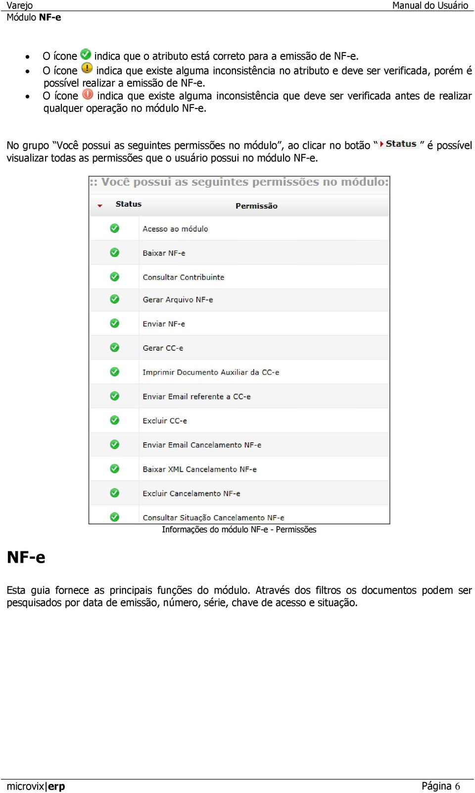 O ícone indica que existe alguma inconsistência que deve ser verificada antes de realizar qualquer operação no módulo NF-e.