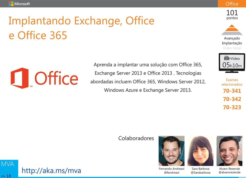 Tecnologias abordadas incluem Office 365, Windows Server 2012, Windows Azure e Exchange Server