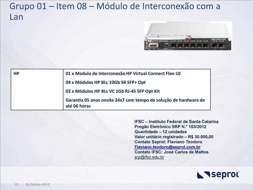 1Gb RJ-45 SFP Opt Kit Garantia 05 anos onsite 24x7 com tempo de solução de hardware de