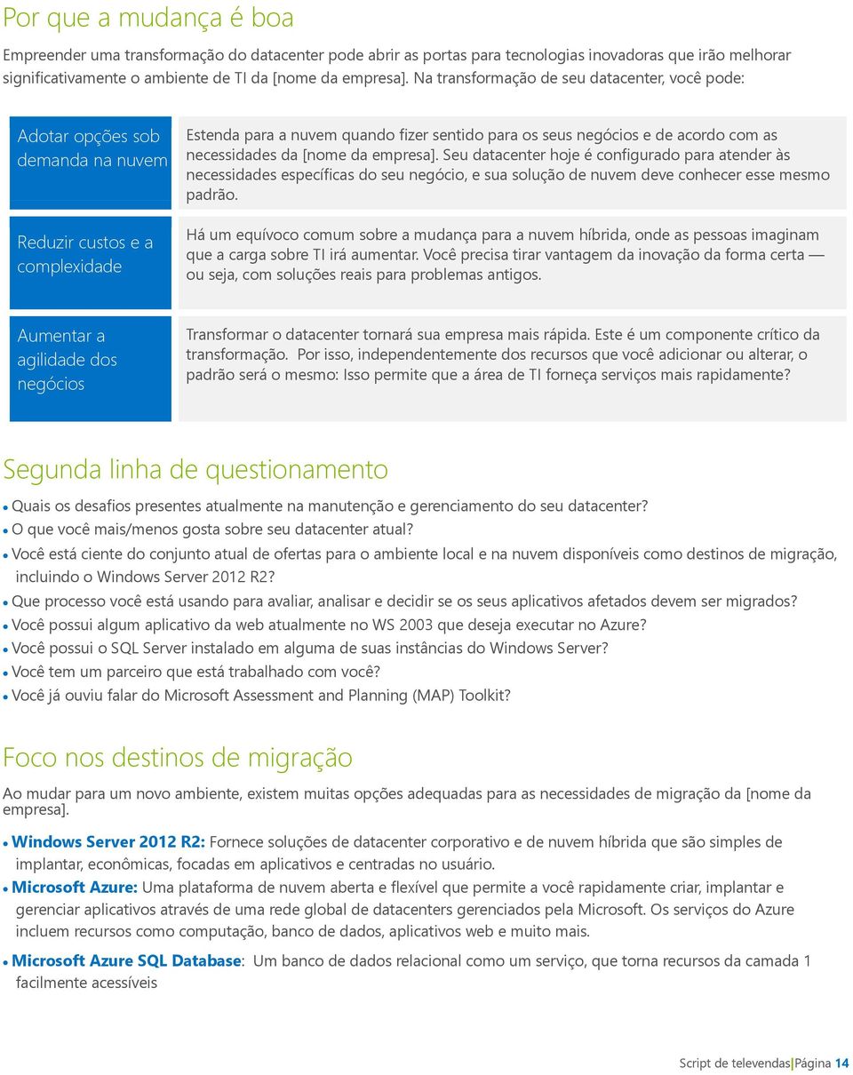 necessidades da [nome da empresa]. Seu datacenter hoje é configurado para atender às necessidades específicas do seu negócio, e sua solução de nuvem deve conhecer esse mesmo padrão.