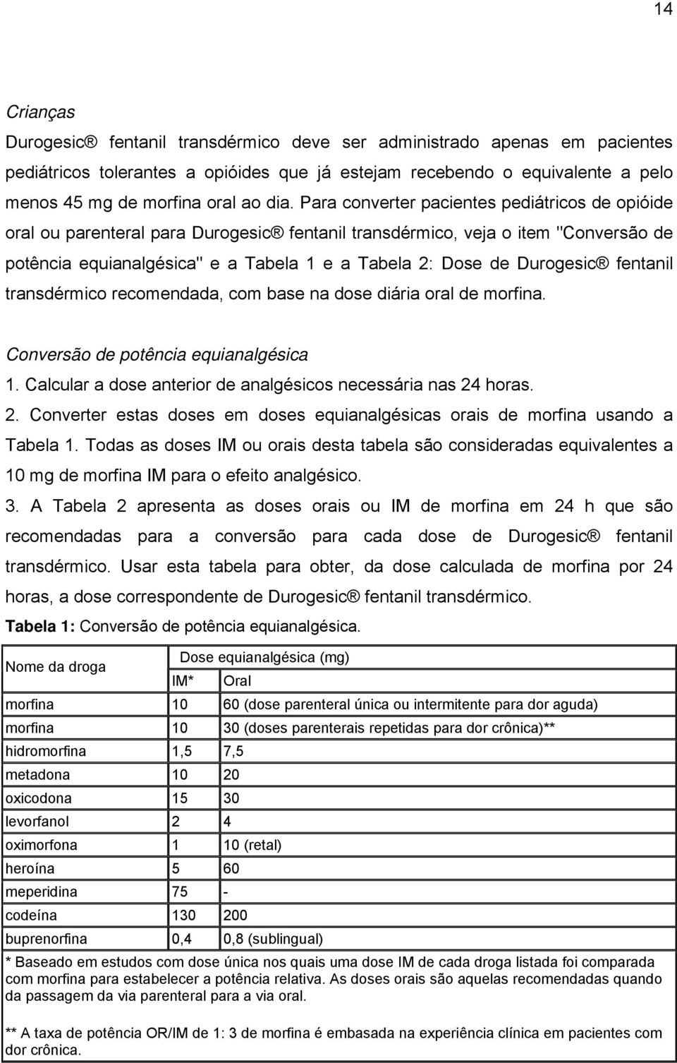 Durogesic fentanil transdérmico recomendada, com base na dose diária oral de morfina. Conversão de potência equianalgésica 1. Calcular a dose anterior de analgésicos necessária nas 24