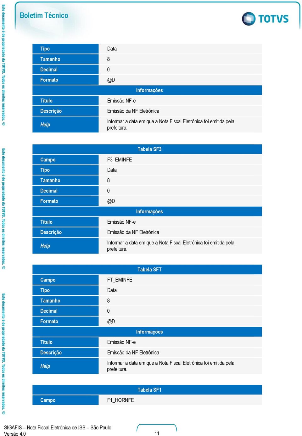 Campo Tamanho 8 Decimal 0 Formato Título Help F3_EMINFE Data @D Emissão NF-e Tabela SF3 Informações Emissão da NF Eletrônica Informar a data em que a