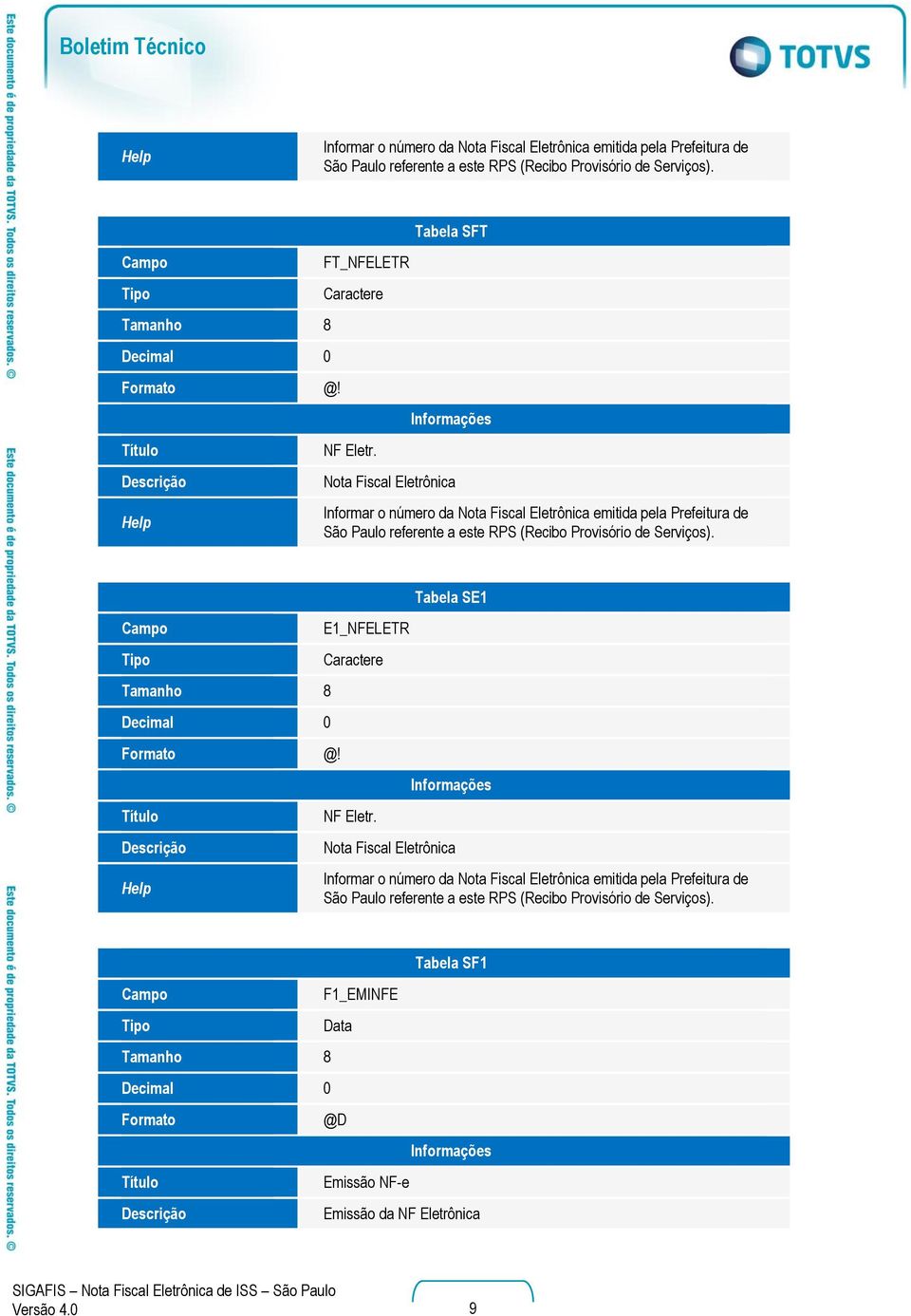 Tabela SFT Informações Nota Fiscal Eletrônica Informar o número da Nota Fiscal Eletrônica emitida pela Prefeitura de São Paulo referente a este RPS (Recibo Provisório de Serviços).