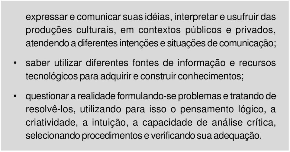 adquirir e construir conhecimentos; questionar a realidade formulando-se problemas e tratando de resolvê-los, utilizando para isso