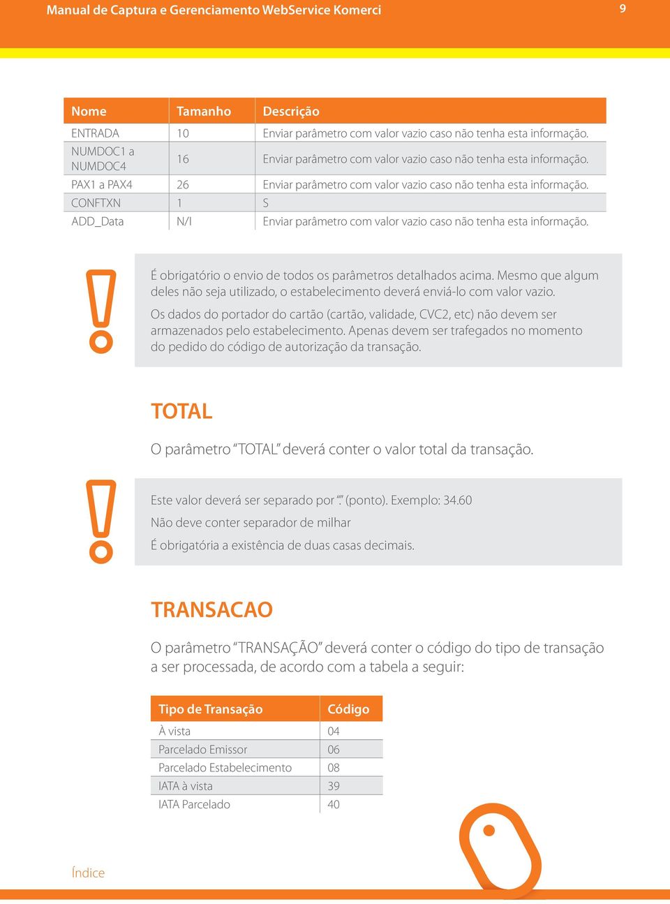 É obrigatório o envio de todos os parâmetros detalhados acima. Mesmo que algum deles não seja utilizado, o estabelecimento deverá enviá-lo com valor vazio.