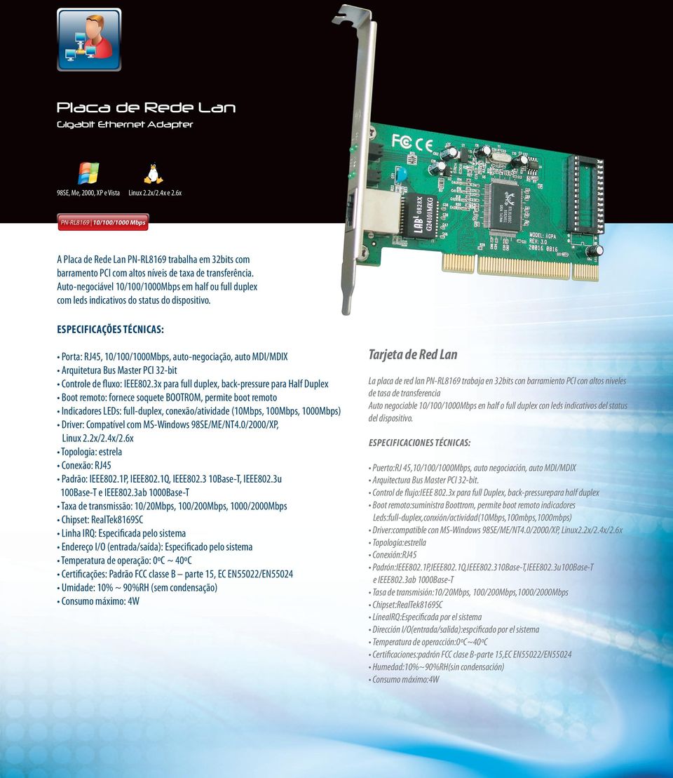 Auto-negociável 10/100/1000Mbps em half ou full duplex com leds indicativos do status do dispositivo.