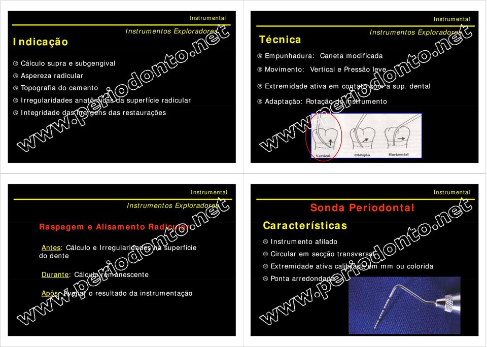 dental Adaptação: Rotação do instrumento Instrumentos t Exploradores Raspagem e Alisamento Radicular Características ti Sonda Periodontal Antes: Cálculo e Irregularidades na