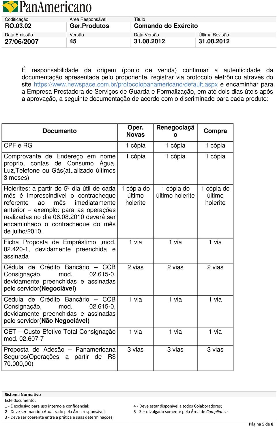 aspx e encaminhar para a Empresa Prestadora de Serviços de Guarda e Formalização, em até dois dias úteis após a aprovação, a seguinte documentação de acordo com o discriminado para cada produto: