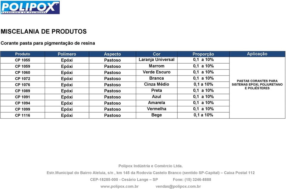 Médio 0,1 a 10% CP 1089 Epóxi Pastoso Preta 0,1 a 10% CP 1091 Epóxi Pastoso Azul 0,1 a 10% CP 1094 Epóxi Pastoso Amarela 0,1 a 10% CP 1099 Epóxi Pastoso