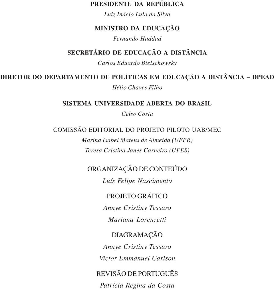 DO PROJETO PILOTO UAB/MEC Marina Isabel Mateus de Almeida (UFPR) Teresa Cristina Janes Carneiro (UFES) ORGANIZAÇÃO DE CONTEÚDO Luís Felipe Nascimento