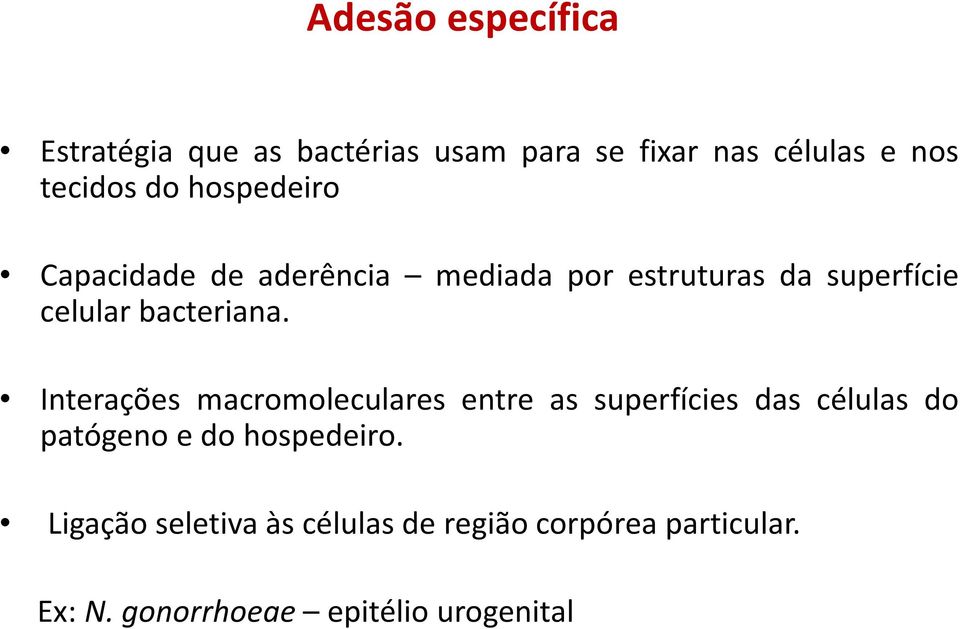 Interações macromoleculares entre as superfícies das células do patógeno e do hospedeiro.