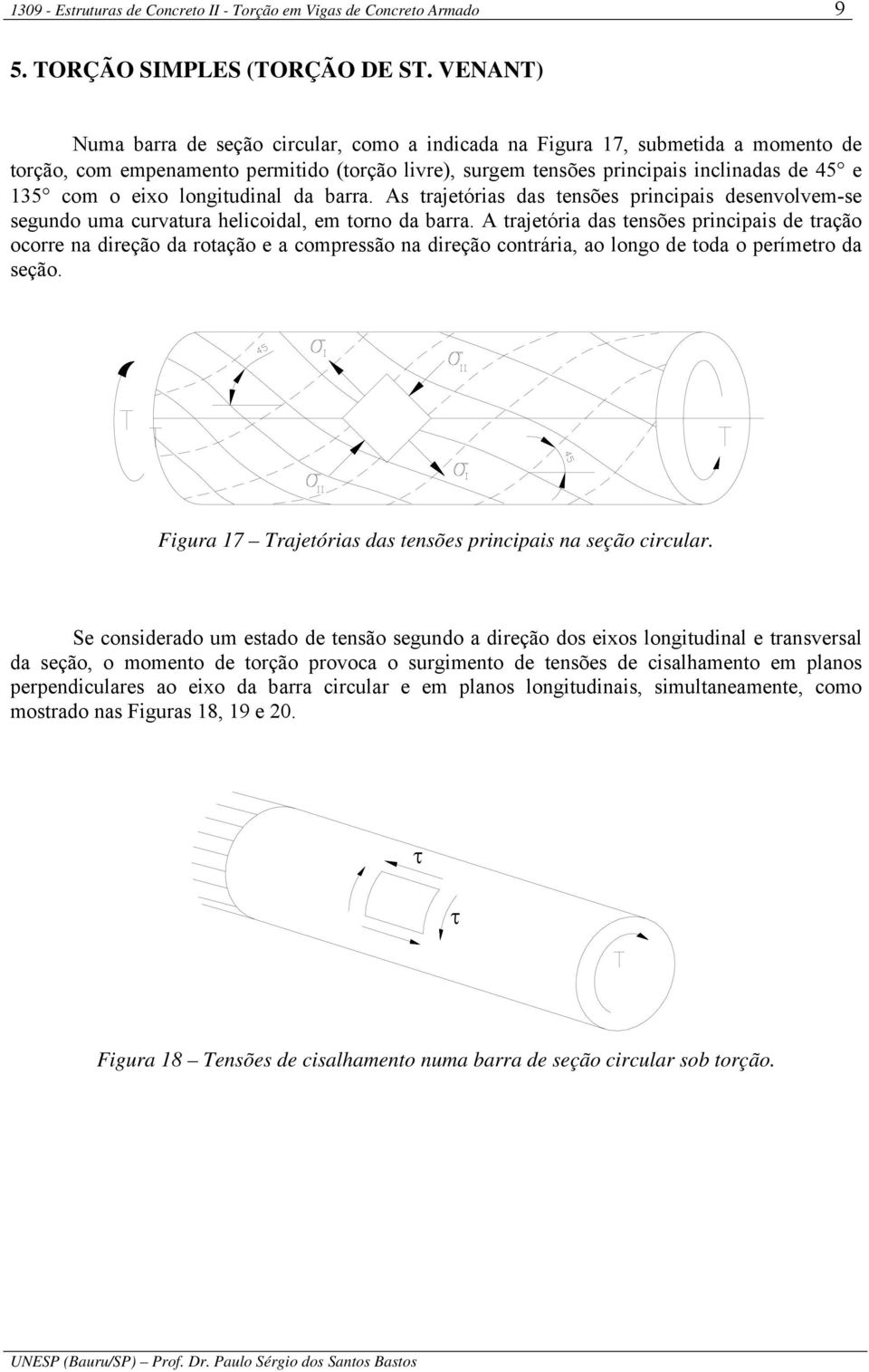 eixo longitudinal da barra. As trajetórias das tensões principais desenvolvem-se segundo uma curvatura helicoidal, em torno da barra.