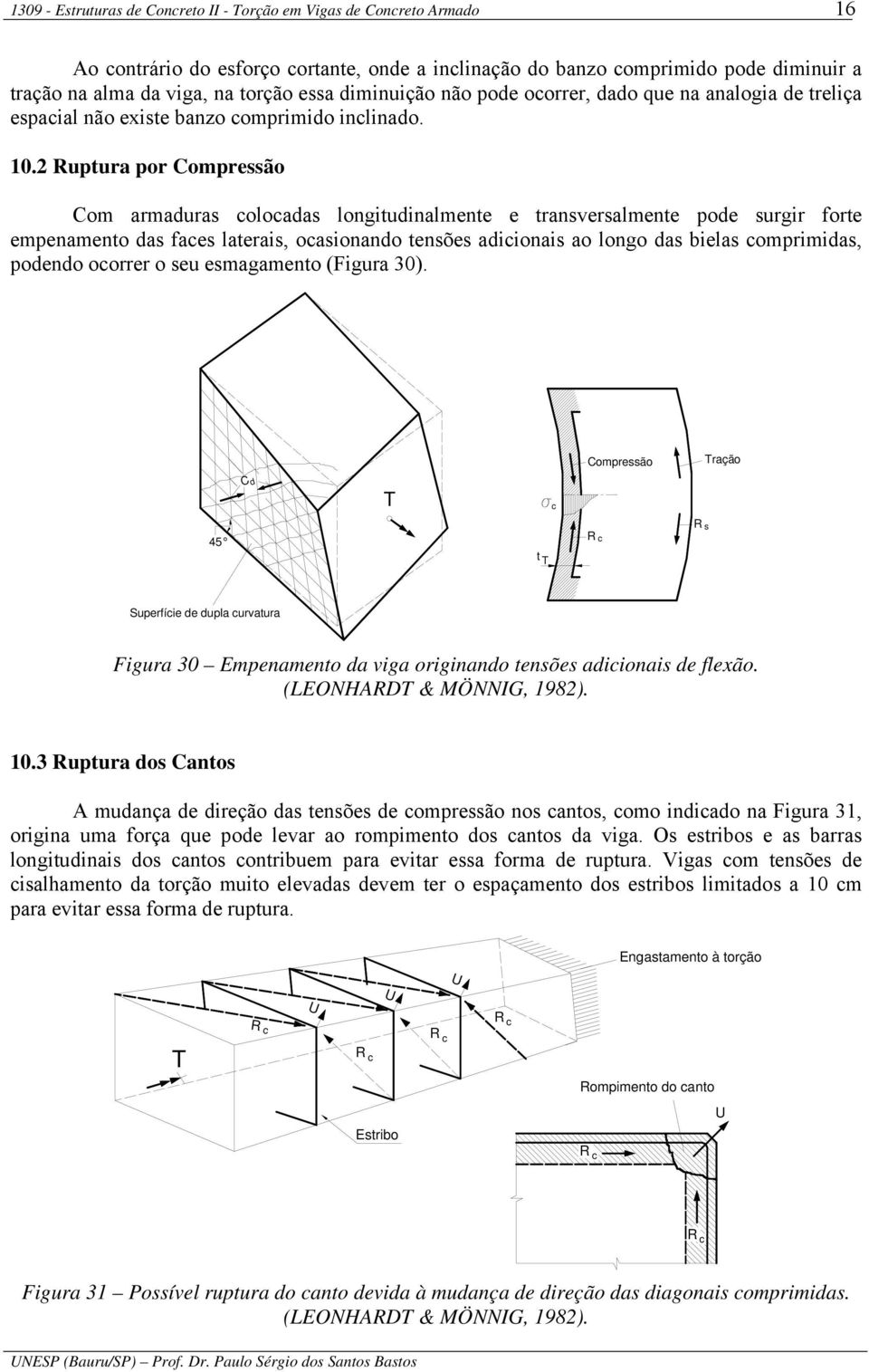 Ruptura por Compressão Com armaduras colocadas longitudinalmente e transversalmente pode surgir forte empenamento das faces laterais, ocasionando tensões adicionais ao longo das bielas comprimidas,