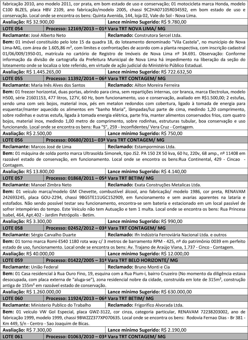 780,00 LOTE 054 Processo: 12169/2013 01ª Vara TRT NOVA LIMA/ MG Reclamante: José Alberto Neto Reclamado: Construtora Sercel Ltda.