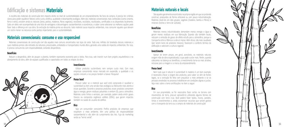 Além dos materiais convencionais mais conhecidos (como cimento, ferro e vidro), existem ainda os naturais (areia, pedras, madeiras, fibras vegetais), recicláveis, reciclados, reutilizados,