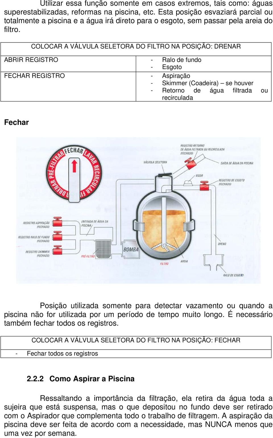 COLOCAR A VÁLVULA SELETORA DO FILTRO NA POSIÇÃO: DRENAR ABRIR REGISTRO - Ralo de fundo - Esgoto FECHAR REGISTRO - Aspiração - Skimmer (Coadeira) se houver - Retorno de água filtrada ou recirculada