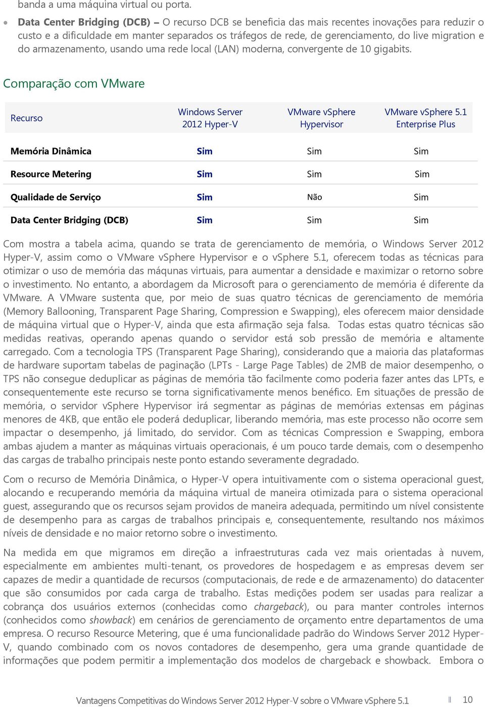 do armazenamento, usando uma rede local (LAN) moderna, convergente de 10 gigabits. Comparação com VMware Recurso Windows Server 2012 Hyper-V VMware vsphere Hypervisor VMware vsphere 5.