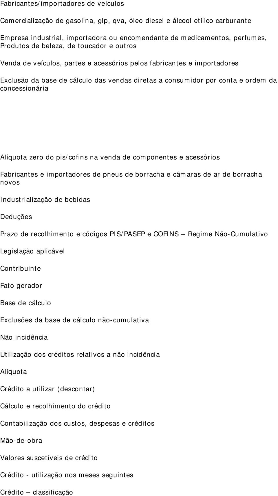 Alíquota zero do pis/cofins na venda de componentes e acessórios Fabricantes e importadores de pneus de borracha e câmaras de ar de borracha novos Industrialização de bebidas Deduções Prazo de