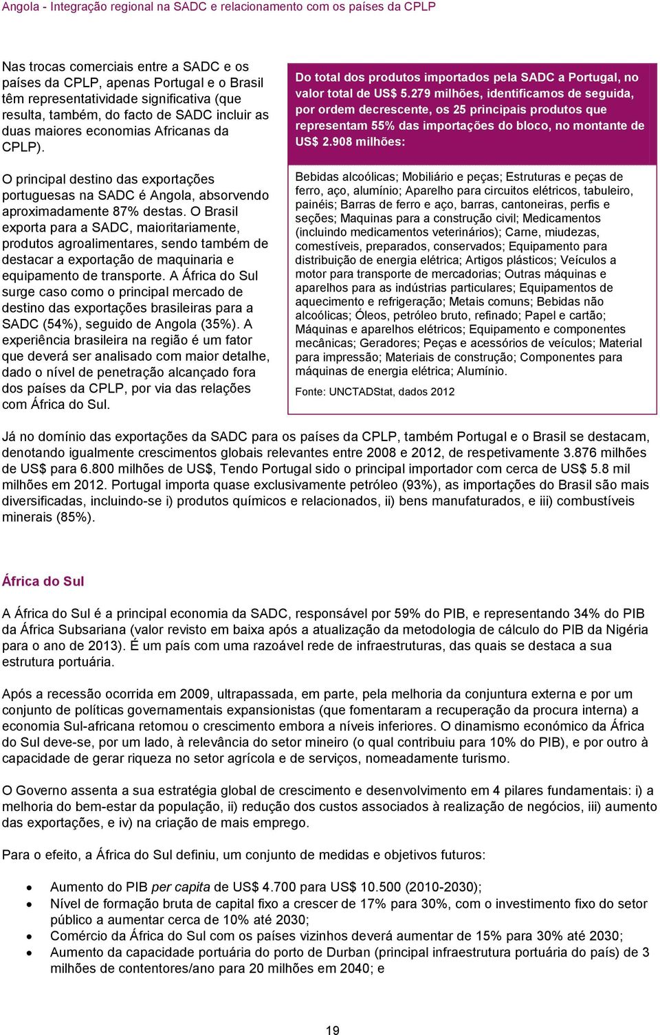 O Brasil exporta para a SADC, maioritariamente, produtos agroalimentares, sendo também de destacar a exportação de maquinaria e equipamento de transporte.