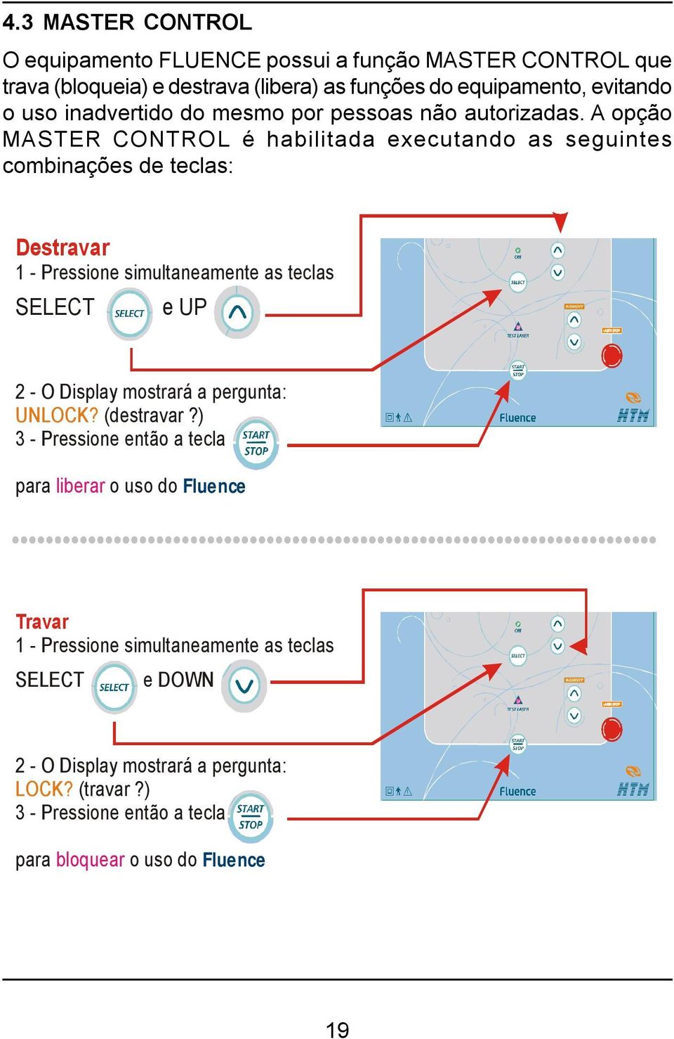 A opção MASTER CONTROL é habilitada executando as seguintes combinações de teclas: Destravar 1 - Pressione simultaneamente as teclas SELECT e UP 2 - O Display