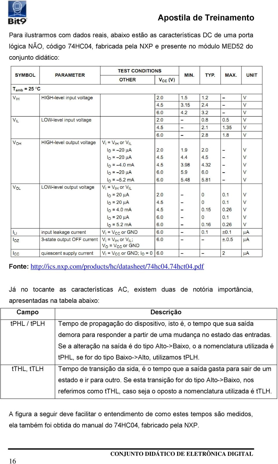 pdf Já no tocante as características AC, existem duas de notória importância, apresentadas na tabela abaixo: Campo Descrição tphl / tplh Tempo de propagação do dispositivo, isto é, o tempo que sua