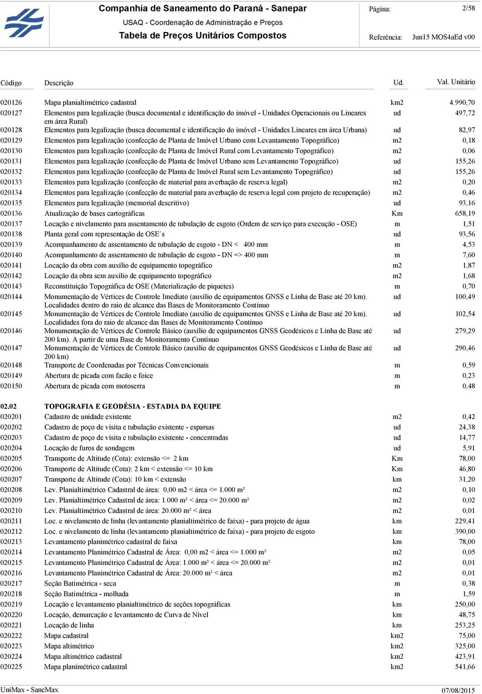 identificação do imóvel - Unidades Lineares em área Urbana) ud 82,97 020129 Elementos para legalização (confecção de Planta de Imóvel Urbano com Levantamento Topográfico) m2 0,18 020130 Elementos