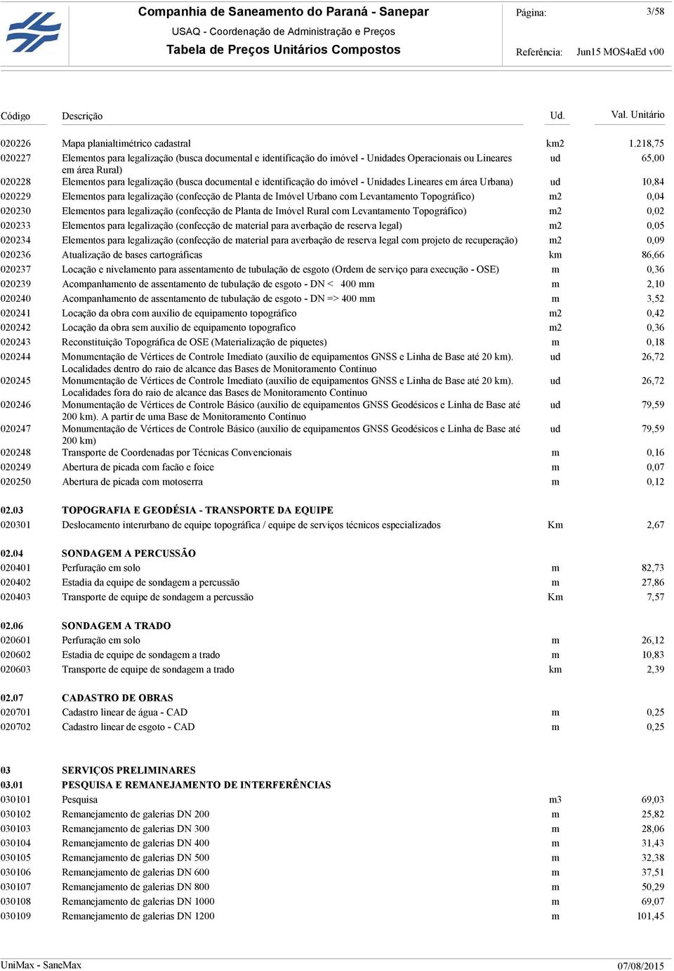 identificação do imóvel - Unidades Lineares em área Urbana) ud 10,84 020229 Elementos para legalização (confecção de Planta de Imóvel Urbano com Levantamento Topográfico) m2 0,04 020230 Elementos