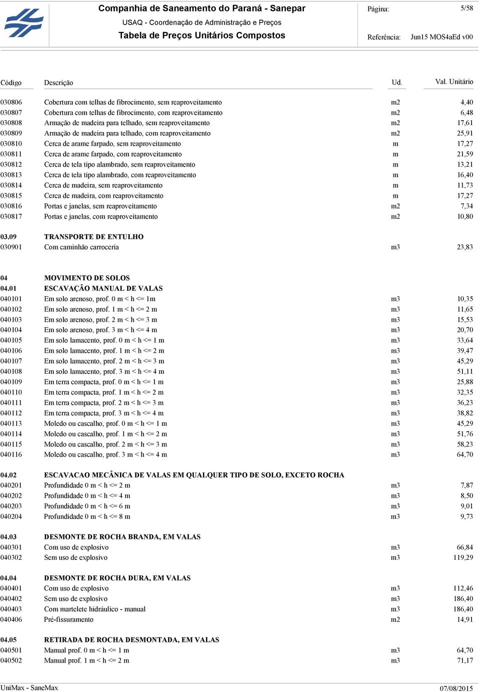 reaproveitamento m 21,59 030812 Cerca de tela tipo alambrado, sem reaproveitamento m 13,21 030813 Cerca de tela tipo alambrado, com reaproveitamento m 16,40 030814 Cerca de madeira, sem