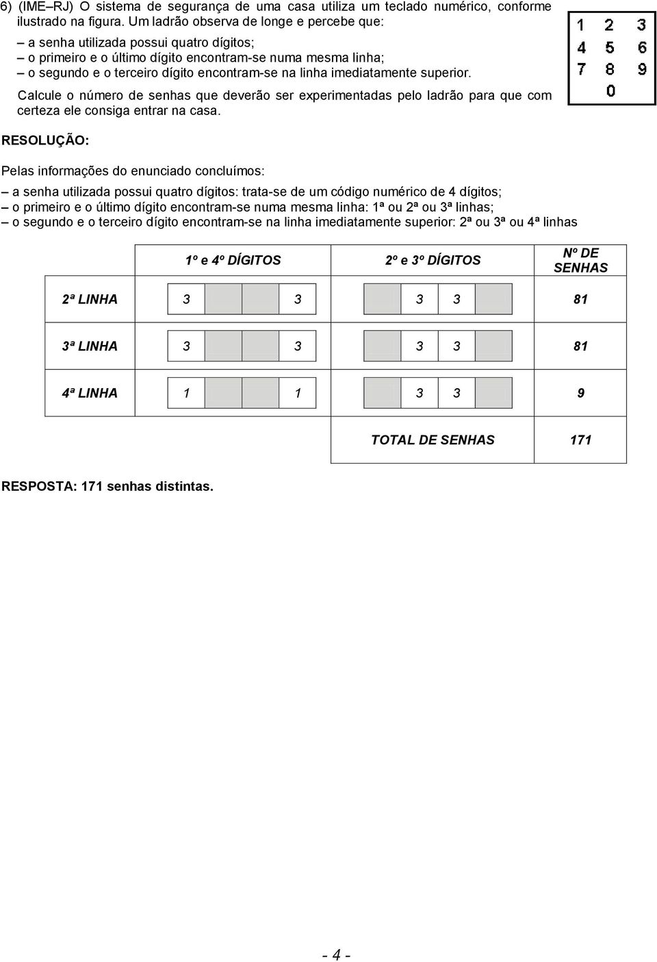 imediatamente superior. Calcule o número de senhas que deverão ser experimentadas pelo ladrão para que com certeza ele consiga entrar na casa.