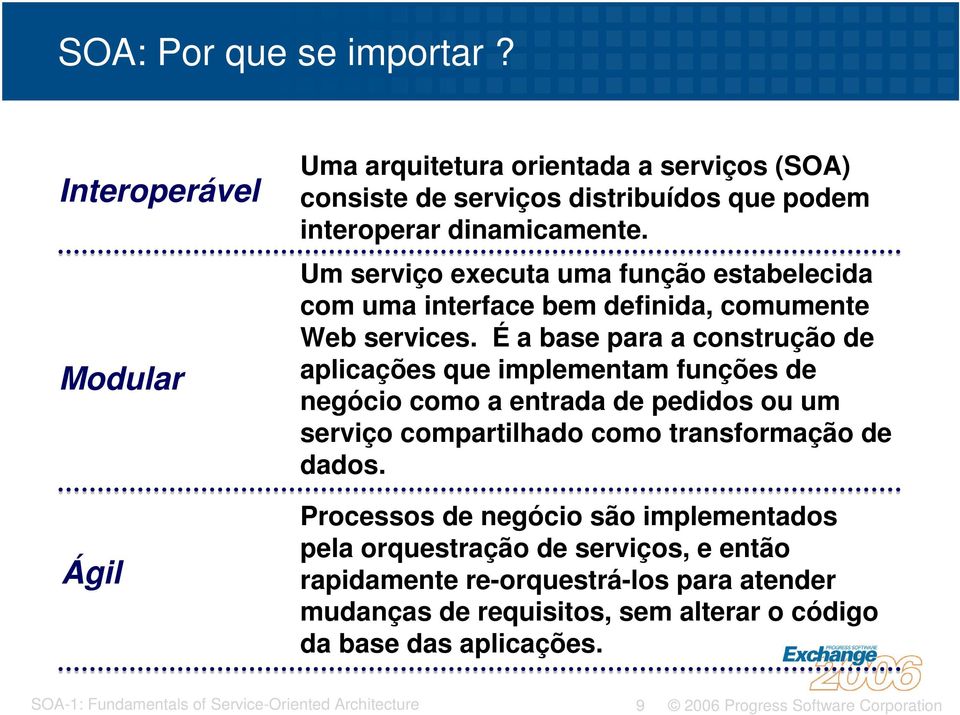 Um serviço executa uma função estabelecida com uma interface bem definida, comumente Web services.