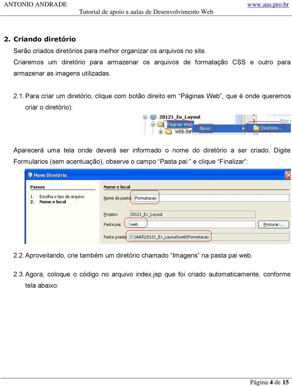 Para criar um diretório, clique com botão direito em Páginas Web, que é onde queremos criar o diretório): Aparecerá uma tela onde deverá ser informado o nome do