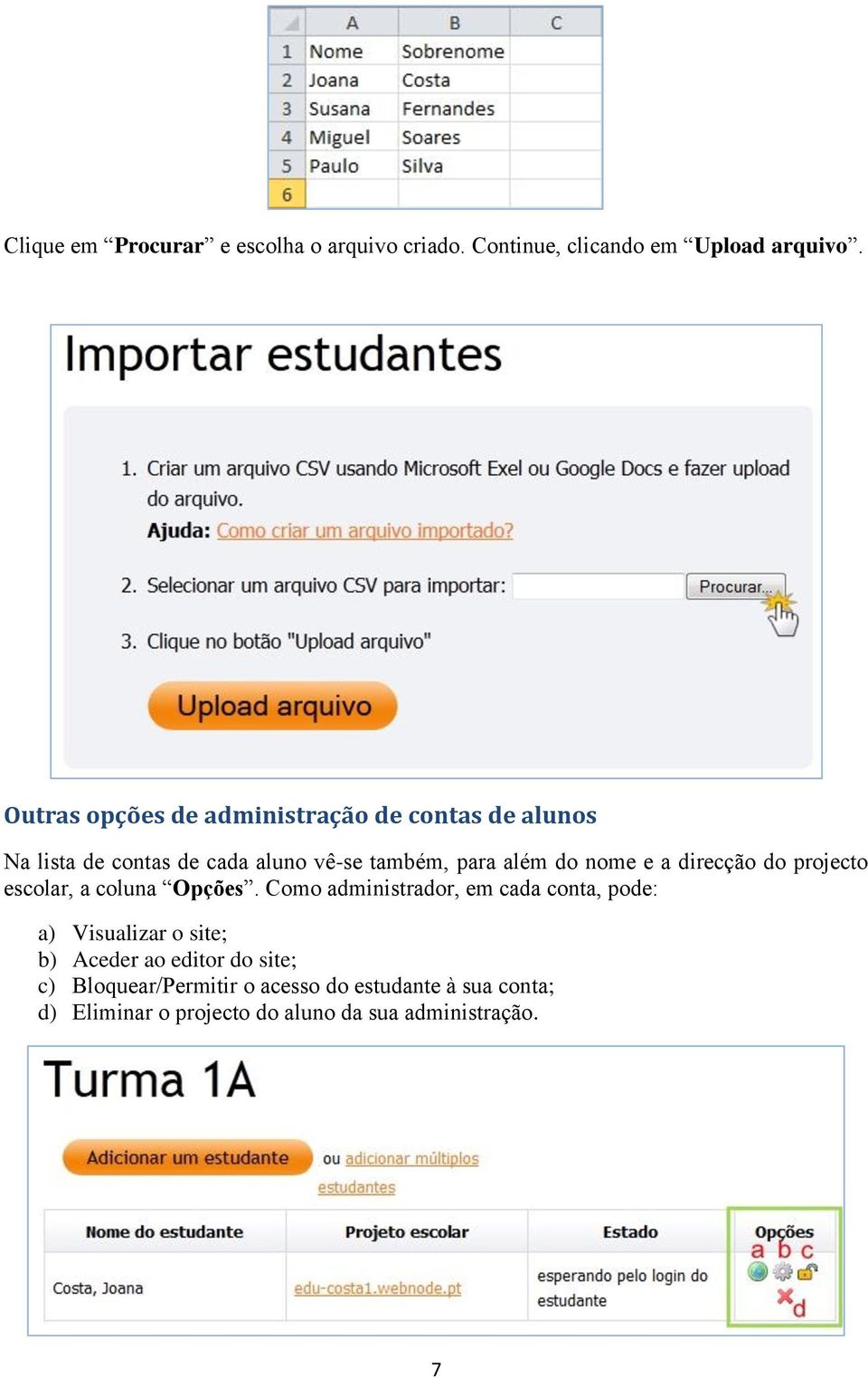 nome e a direcção do projecto escolar, a coluna Opções.