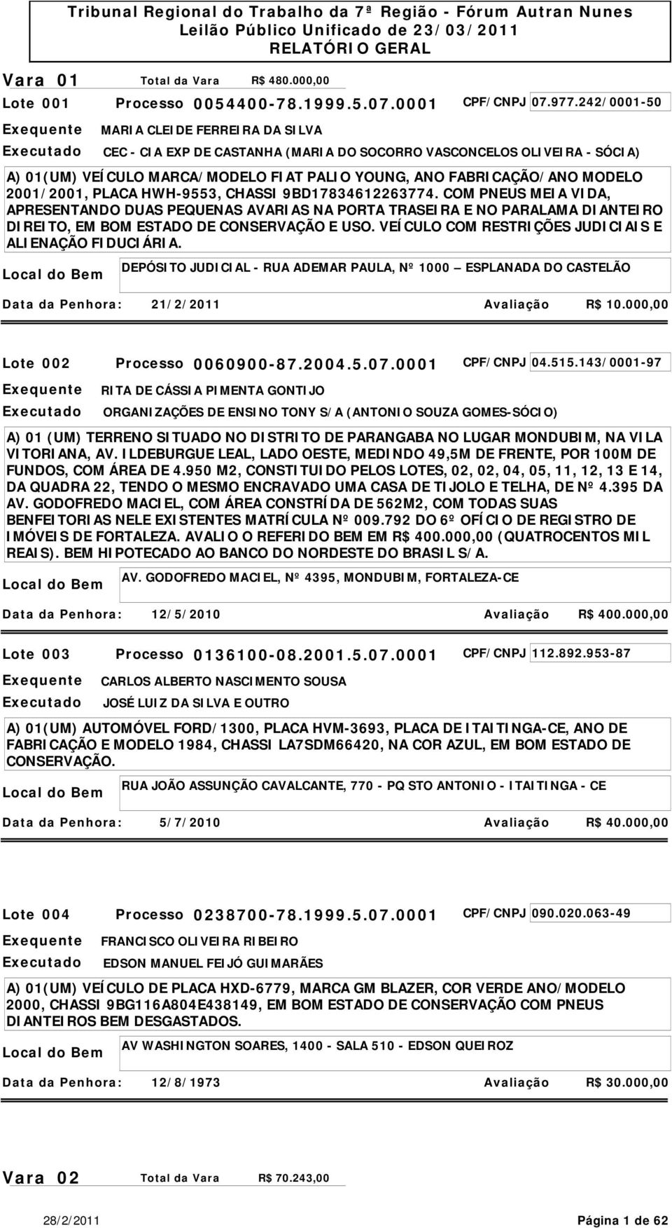 2001/2001, PLACA HWH-9553, CHASSI 9BD17834612263774. COM PNEUS MEIA VIDA, APRESENTANDO DUAS PEQUENAS AVARIAS NA PORTA TRASEIRA E NO PARALAMA DIANTEIRO DIREITO, EM BOM ESTADO DE CONSERVAÇÃO E USO.