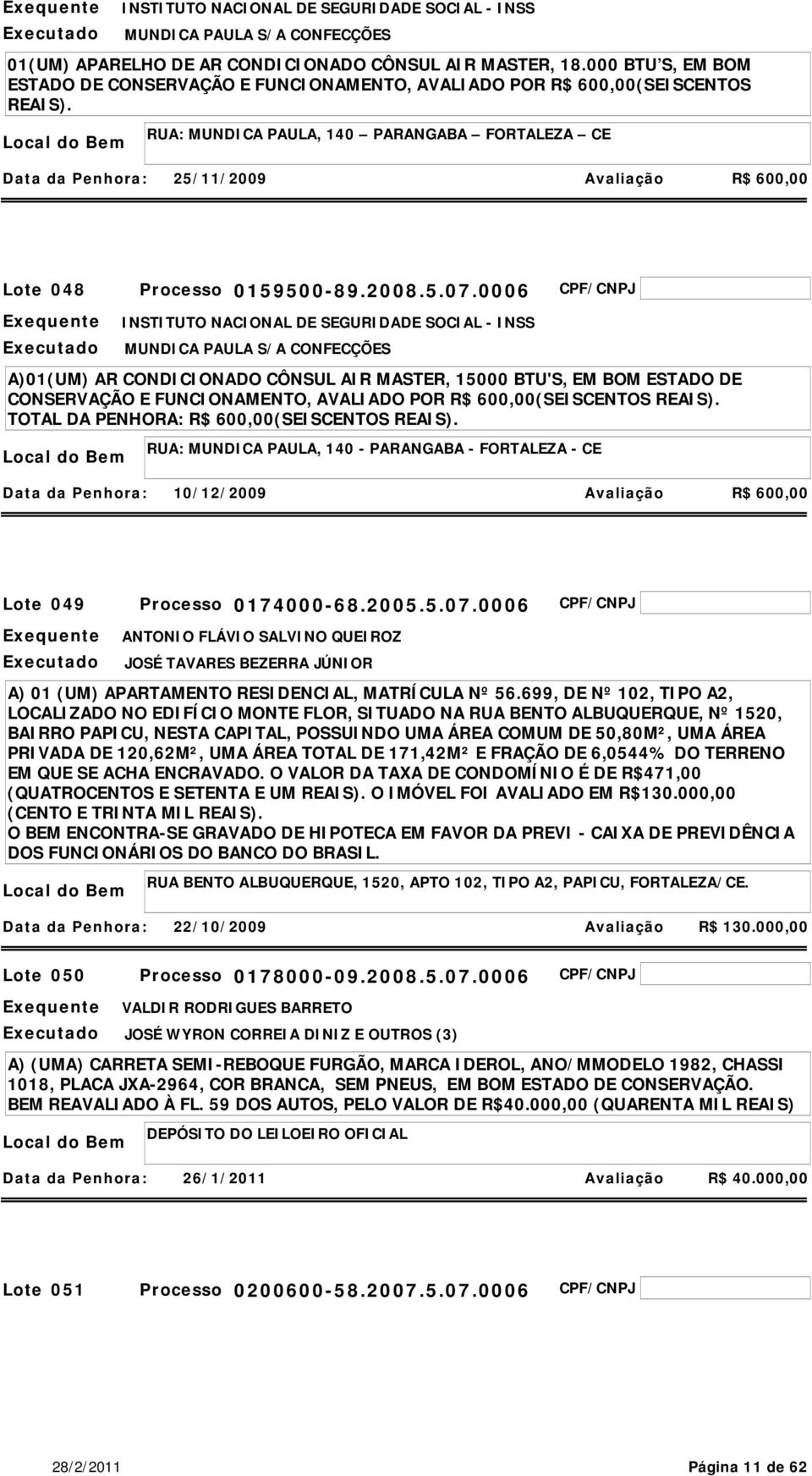 0006 MUNDICA PAULA S/A CONFECÇÕES A)01(UM) AR CONDICIONADO CÔNSUL AIR MASTER, 15000 BTU'S, EM BOM ESTADO DE CONSERVAÇÃO E FUNCIONAMENTO, AVALIADO POR R$ 600,00(SEISCENTOS REAIS).