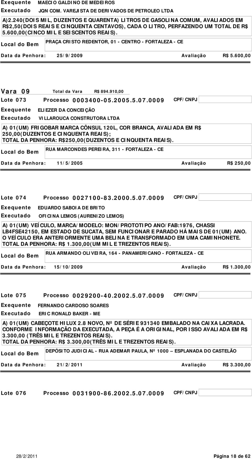 PRAÇA CRISTO REDENTOR, 01 - CENTRO - FORTALEZA - CE 25/9/2009 Avaliação R$ 5.600,00 Vara 09 Total da Vara R$ 894.910,00 Lote 073