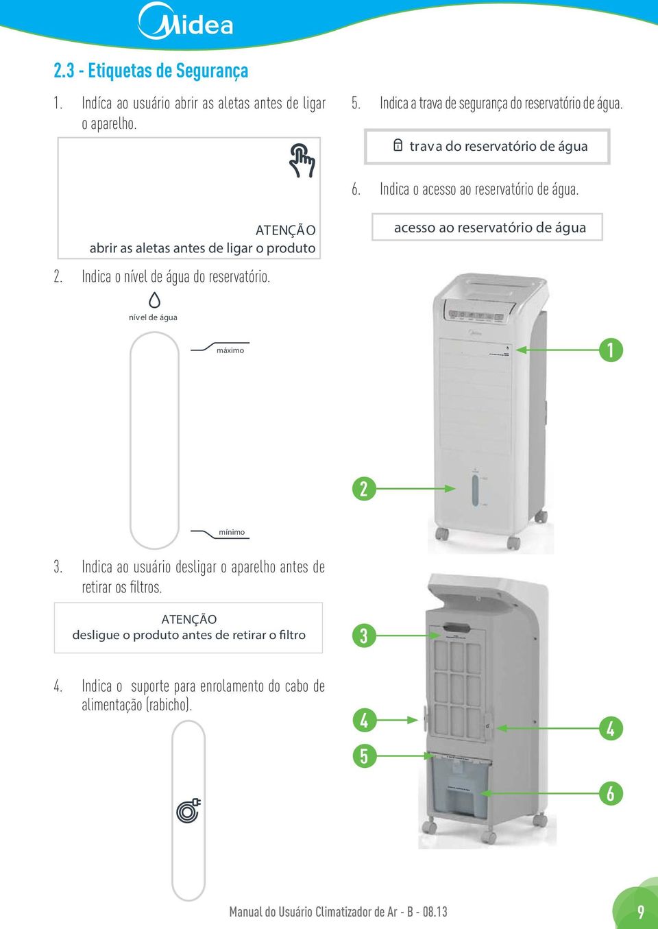 Indica o nível de água do reservatório. acesso ao reservatório de água nível de água máximo 1 2 mínimo 3.