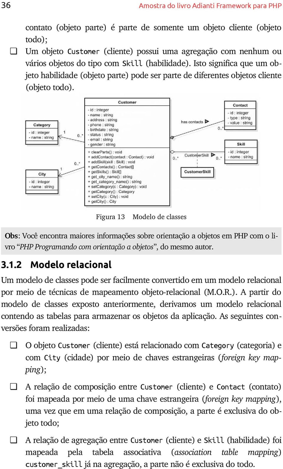 Figura 13 Modelo de classes Obs: Você encontra maiores informações sobre orientação a objetos em PHP com o li vro PHP Programando com orientação a objetos, do mesmo autor. 3.1.2 Modelo relacional Um modelo de classes pode ser facilmente convertido em um modelo relacional por meio de técnicas de mapeamento objeto relacional (M.