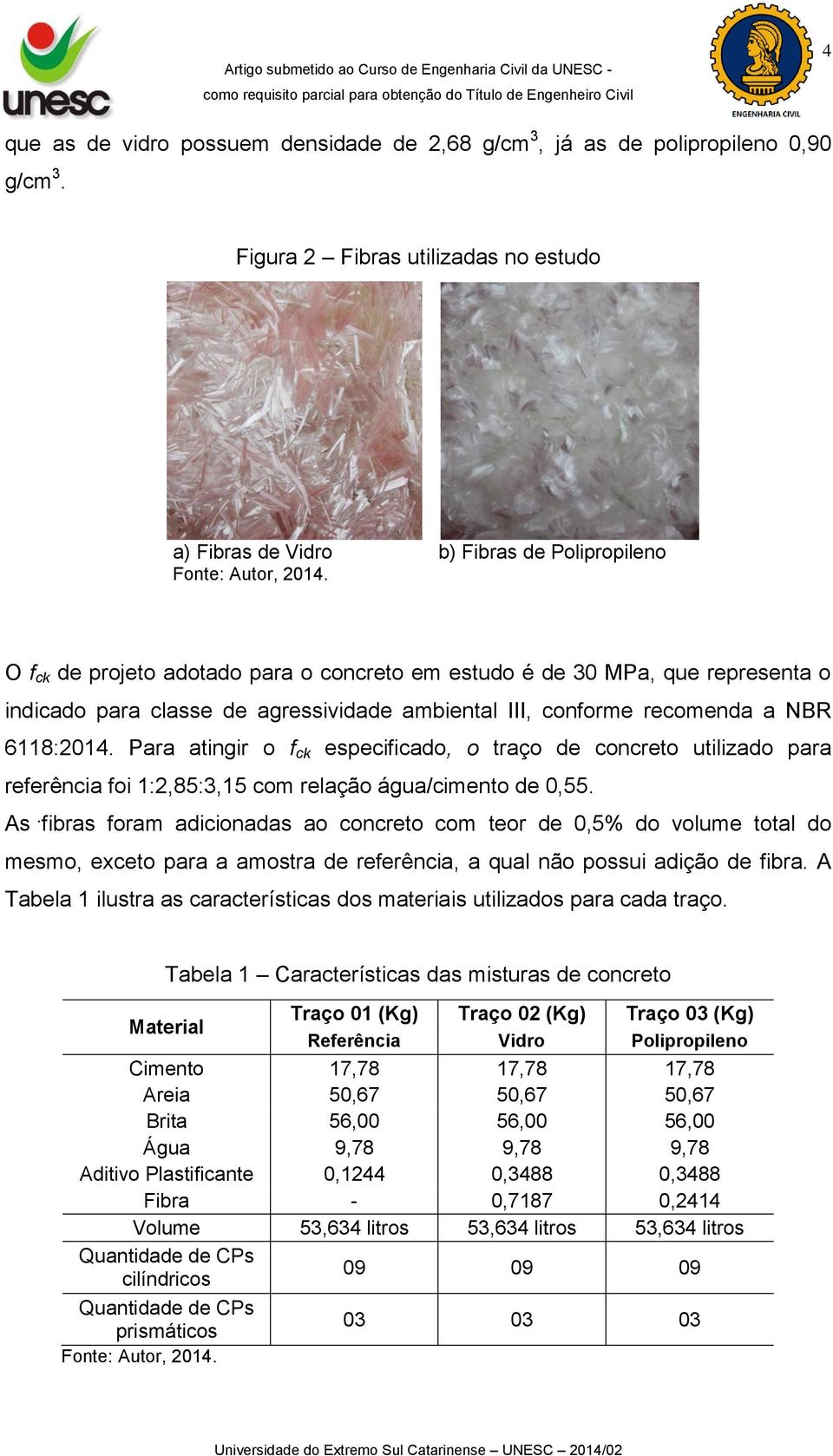 agressividade ambiental III, conforme recomenda a NBR 6118:2014. Para atingir o f ck especificado, o traço de concreto utilizado para referência foi 1:2,85:3,15 com relação água/cimento de 0,55.