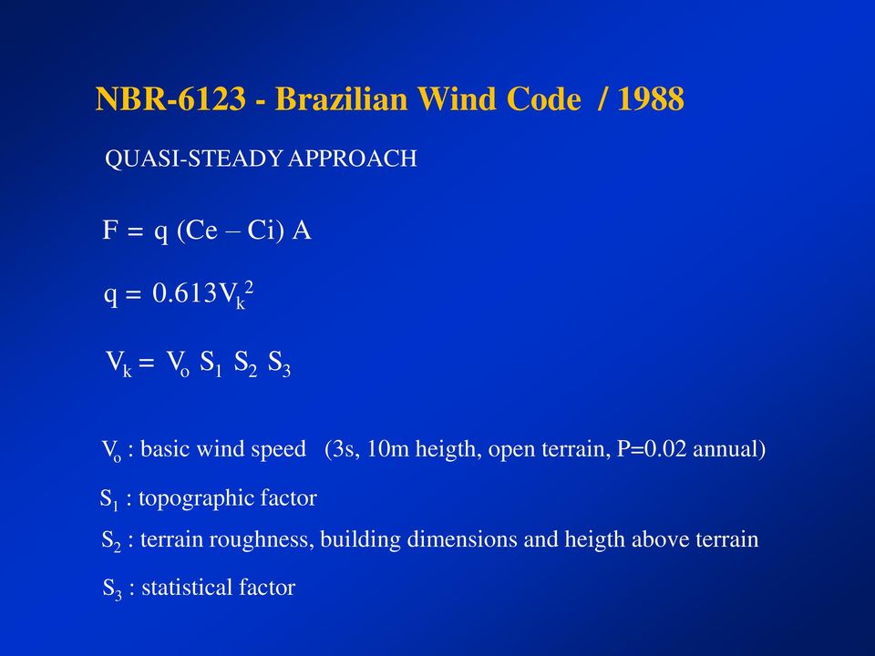 613V 2 k V k = V o S 1 S 2 S 3 V o : basic wind speed (3s, 10m heigth, open