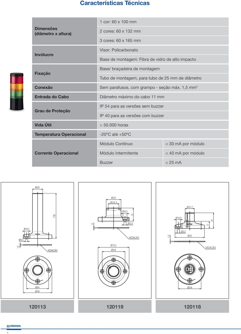 1,5 mm 2 Entrada do Cabo Grau de Proteção Vida Útil Temperatura Operacional Diâmetro máximo do cabo 11 mm IP 54 para as versões sem buzzer IP 40 para as versões com buzzer > 50.